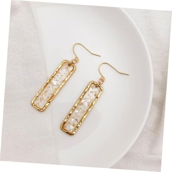 Thin Rectangle Geo Gold Glass Mother Pearl Opalescent Shell Dangle Earrings - Picture 4 of 6